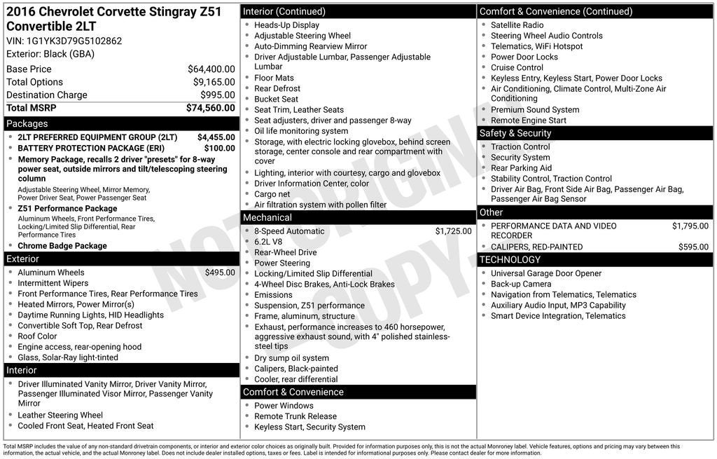 2016 Chevrolet Corvette Stingray Z51 2LT