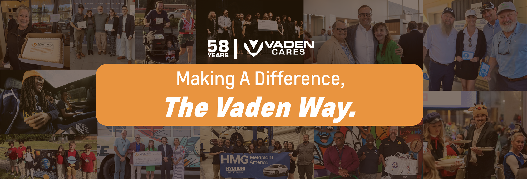 A collage of Vaden employees participating in community events with text that says 'Serving our community 56 Years. The Vaden Way.'